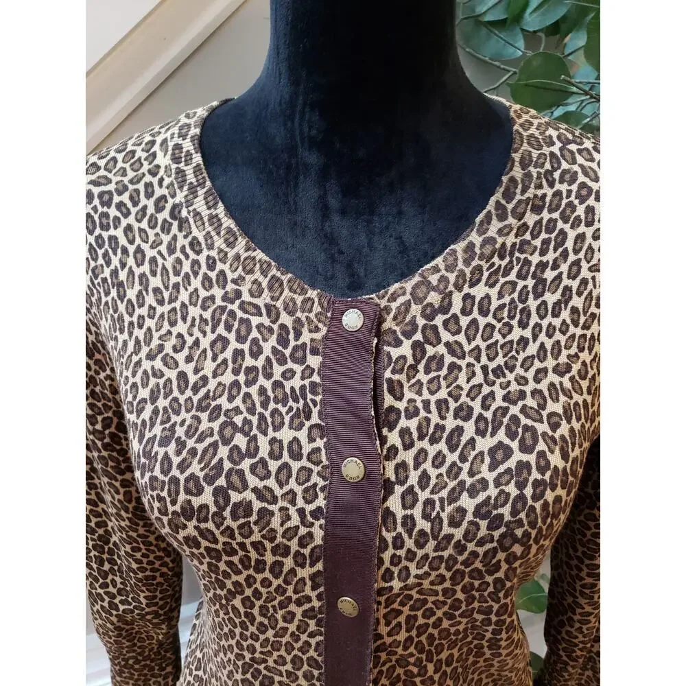 Michael Kors Cardigan Women‎ P/S Brown Leopard Print Long Sleeve Button Front